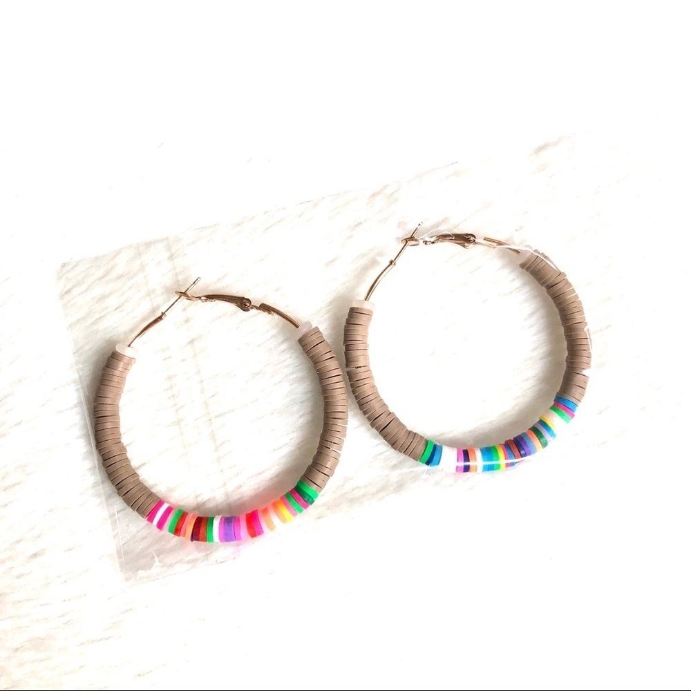 Multicolor Round Beaded Hoop Earrings Clay & Zinc Alloy - Picture 3 of 3